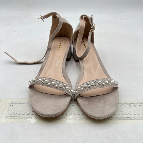 XYD Nude Pearls Open Toe Strappy Low Block Heel Sandal Ankle Strap with Buckle - Picture 3 of 8